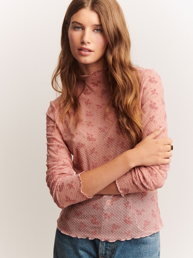 Pink Lace High Neck Long Sleeve Top - Image 2 of 5