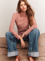 Pink Lace High Neck Long Sleeve Top - Image 3 of 5
