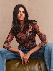 Floral black/red - Blusa de malha com Print, long sleeve e Crew Neck - Imagem 1 de 5