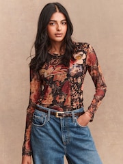 Floral black/red - Blusa de malha com Print, long sleeve e Crew Neck - Imagem 2 de 5