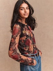 Floral black/red - Blusa de malha com Print, long sleeve e Crew Neck - Imagem 4 de 5