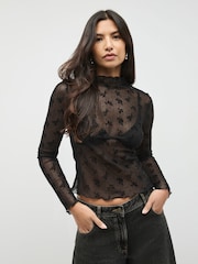 Black Lace High Neck Long Sleeve Top - Image 1 of 8