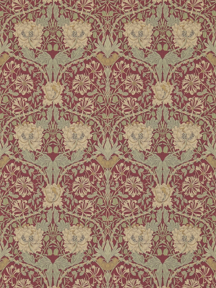 Morris & Co Honeysuckle Tulip Red Gold Morris Friends A4 Wallpaper - Image 1 of 1