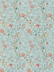 Morris & Co Mary Isobel Silk Blue Pink Friends A4 Sample Wallpaper - Image 1 of 1