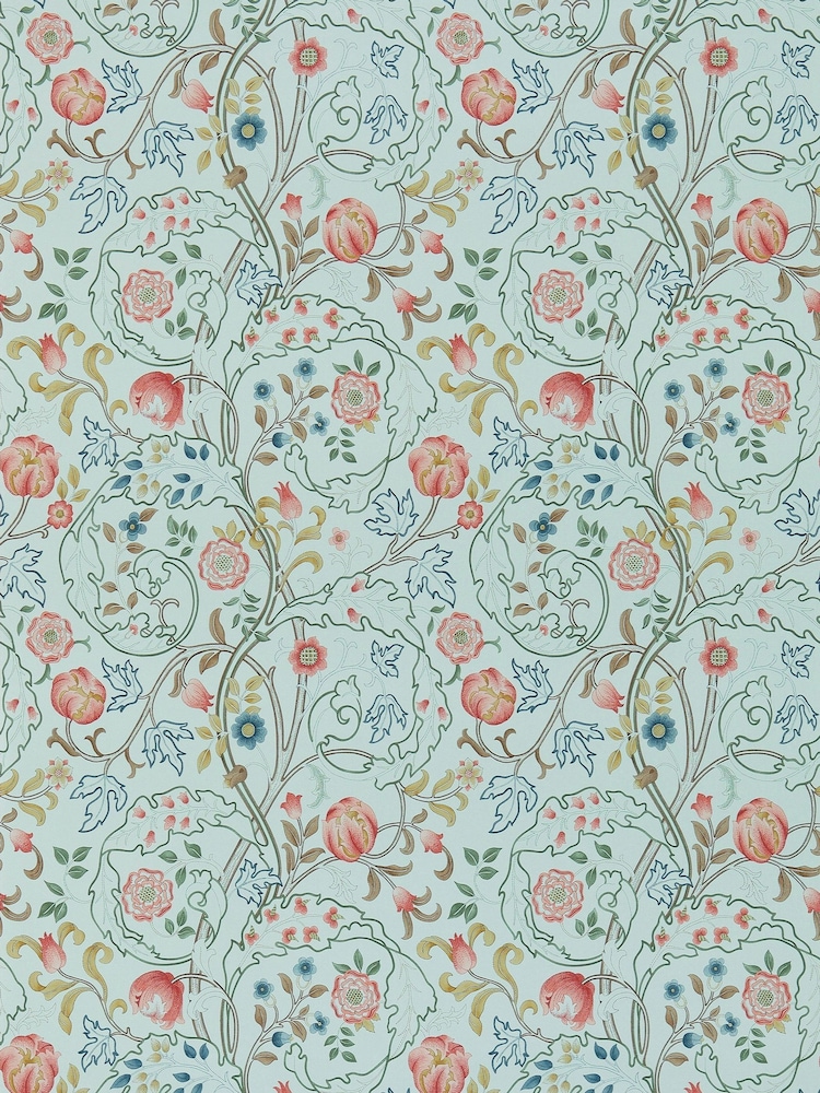 Morris & Co Mary Isobel Silk Blue Pink Friends A4 Sample Wallpaper - Image 1 of 1
