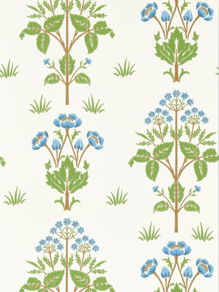 Morris & Co Meadow Sweet Cobalt Grass Green Friends A4 Sample Wallpaper - Image 1 of 1