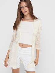 JDY Cream 3/4 Sleeve Crochet Kimono Cardigan - Image 1 of 5