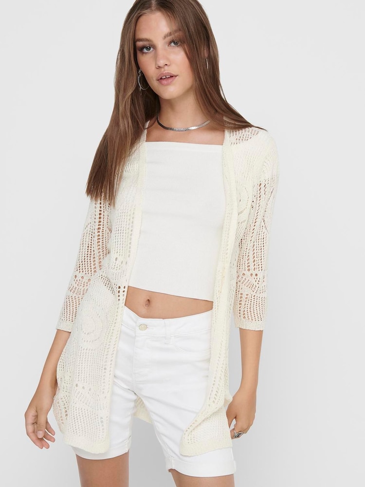 JDY Cream 3/4 Sleeve Crochet Kimono Cardigan - Image 1 of 5