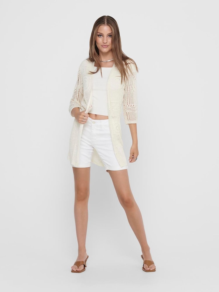 JDY Cream 3/4 Sleeve Crochet Kimono Cardigan - Image 2 of 5