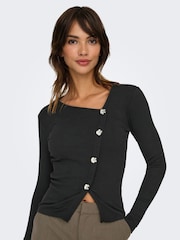 JDY Black Asymetric Ribbed Button Detail Top - Image 1 of 1