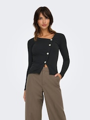 JDY Black Asymetric Ribbed Button Detail Top - Image 3 of 7