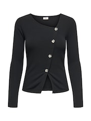 JDY Black Asymetric Ribbed Button Detail Top - Image 6 of 7