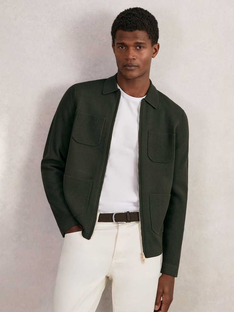 Reiss Forest Green Roberto Four-Pocket Zip-Through Cardigan - Image 1 of 6