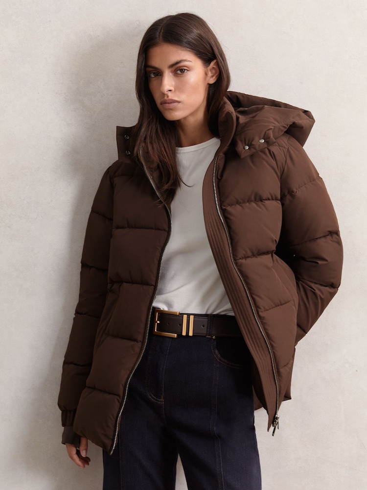 Reiss Chocolate Brown Fee Short Hooded Puffer Coat - Image 1 of 6