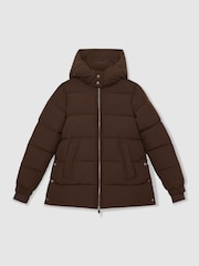 Reiss Chocolate Brown Fee Short Hooded Puffer Coat - Image 2 of 6