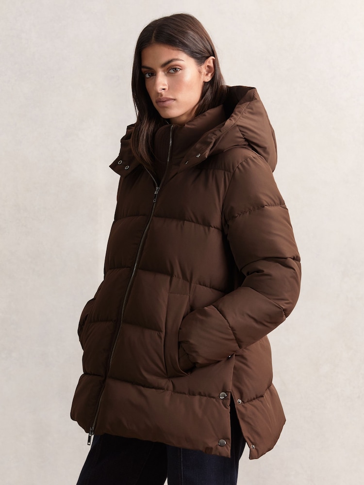 Buy Reiss Chocolate Brown Fee Short Hooded Puffer Coat from the