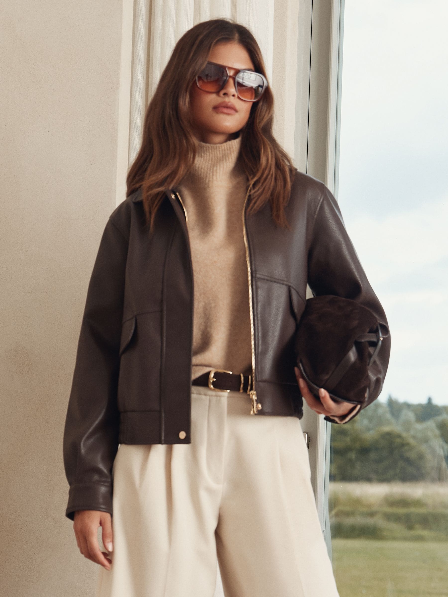 Buy Lipsy Chocolate Brown Faux Leather 80s Style Biker Jacket from