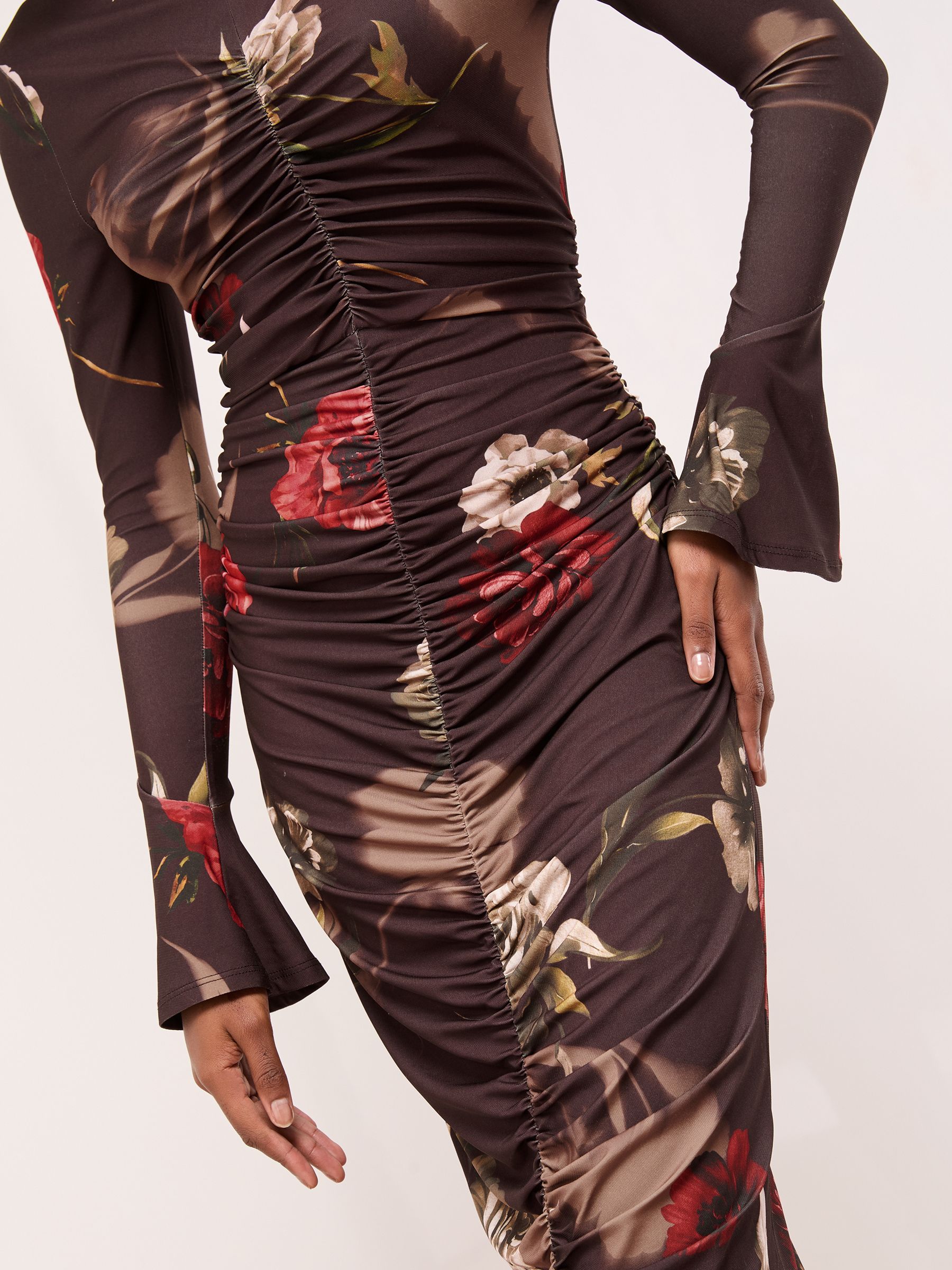 Buy Lipsy Chocolate Brown Floral Long Sleeve Ruched Jersey Bodycon
