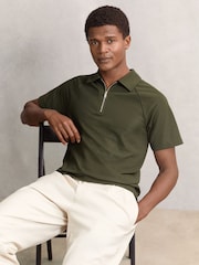 Reiss Green Winston Textured Raglan Half-Zip Polo Shirt - Image 1 of 6