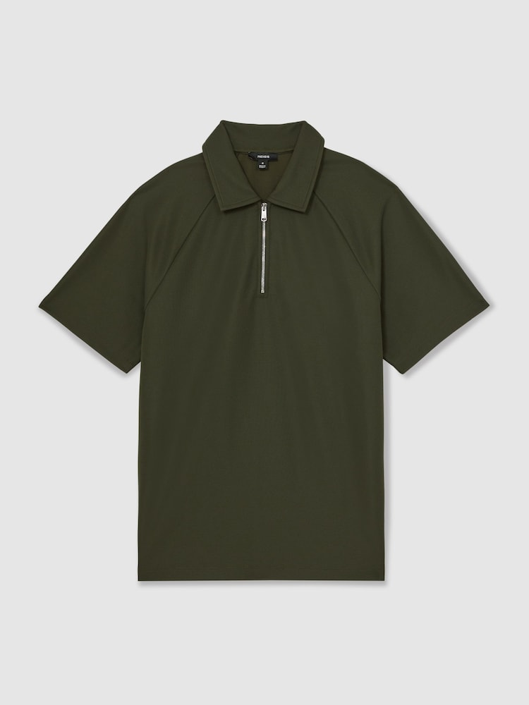 Reiss Green Winston Textured Raglan Half-Zip Polo Shirt - Image 2 of 6