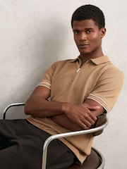 Reiss Camel Zain Textured Half-Zip Tipped Polo Shirt - Image 1 of 6