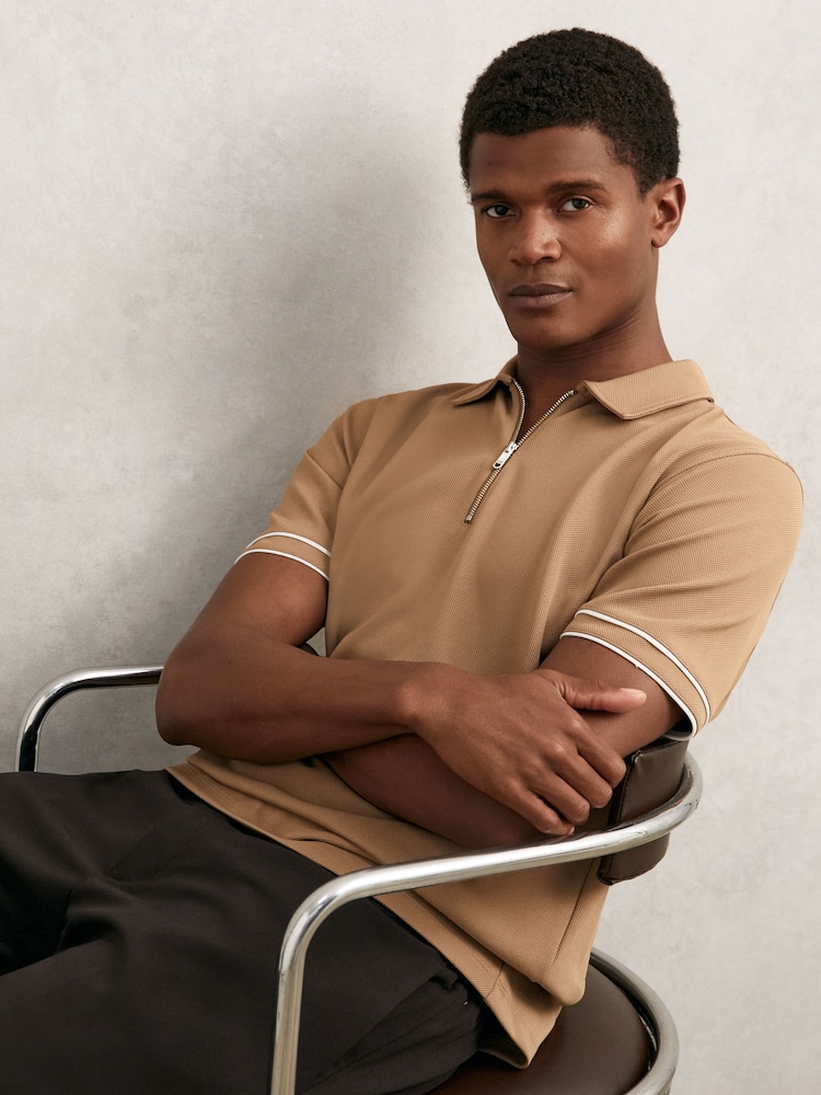 Reiss Camel Zain Textured Half-Zip Tipped Polo Shirt - Image 1 of 6