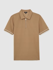 Reiss Camel Zain Textured Half-Zip Tipped Polo Shirt - Image 2 of 6