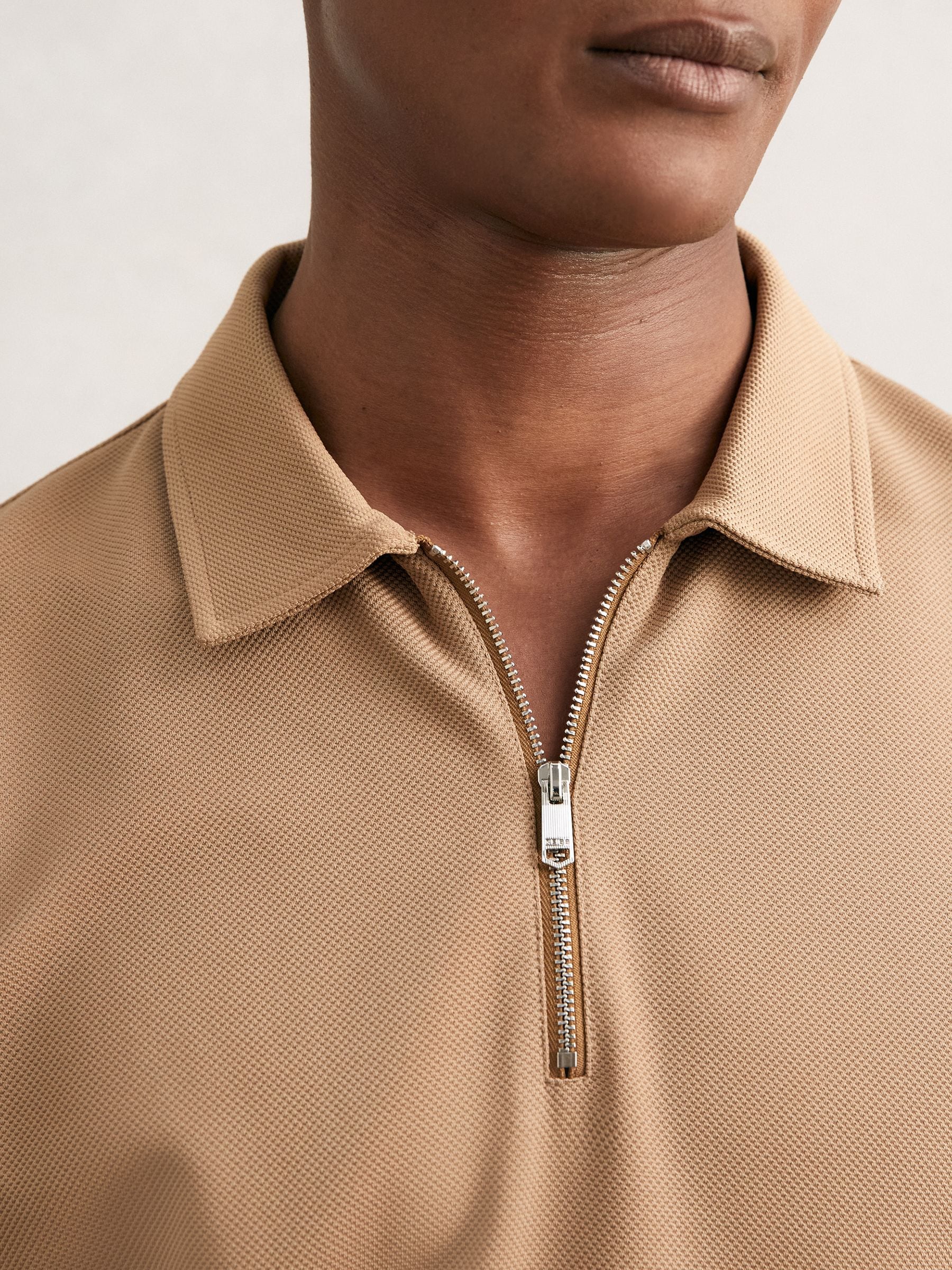Buy Reiss Camel Zain Textured Half-Zip Tipped Polo Shirt from Next USA