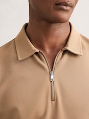 Reiss Camel Zain Textured Half-Zip Tipped Polo Shirt - Image 3 of 6