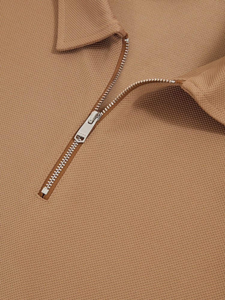 Reiss Camel Zain Textured Half-Zip Tipped Polo Shirt - Image 6 of 6