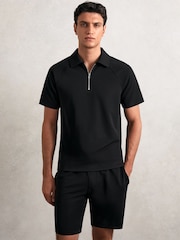 Reiss Black Winston Textured Raglan Half-Zip Polo Shirt - Image 1 of 6