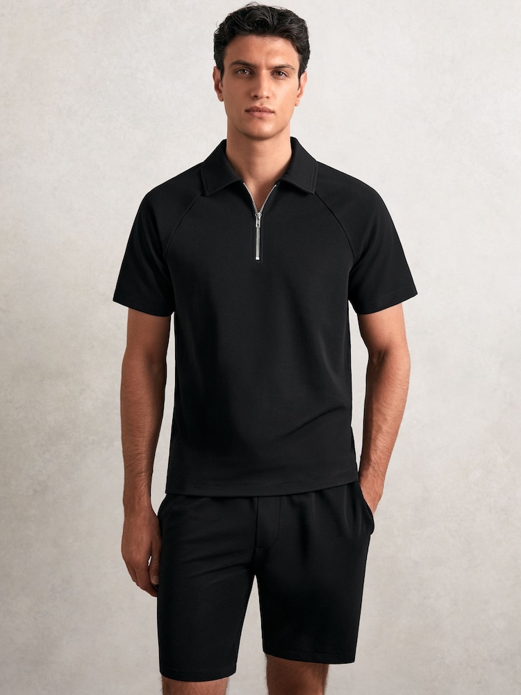 Reiss Black Winston Textured Raglan Half-Zip Polo Shirt - Image 1 of 6