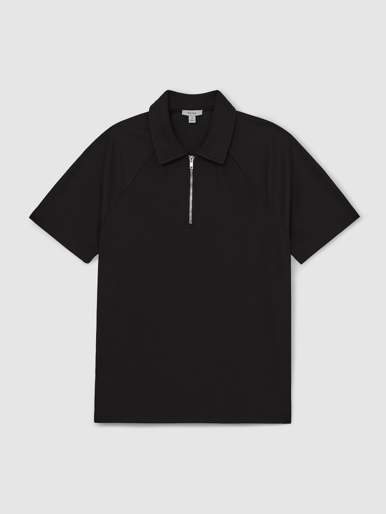 Reiss Black Winston Textured Raglan Half-Zip Polo Shirt - Image 2 of 6
