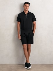 Reiss Black Winston Textured Raglan Half-Zip Polo Shirt - Image 3 of 6