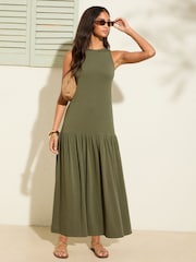 Friends Like These Khaki Green Drop Waist Jersey Midi Dress - Image 1 of 4