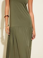Friends Like These Khaki Green Drop Waist Jersey Midi Dress - Image 3 of 4