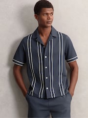 Reiss Airforce Blue Sander Piped-Stripe Cuban-Collar Shirt - Image 1 of 6