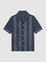 Reiss Airforce Blue Sander Piped-Stripe Cuban-Collar Shirt - Image 2 of 6