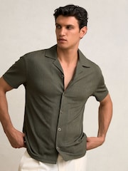 Reiss Dark Green Ando Jacquard-Stripe Cuban-Collar Shirt - Image 1 of 6
