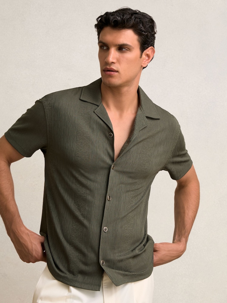 Reiss Dark Green Ando Jacquard-Stripe Cuban-Collar Shirt - Image 1 of 6 Reiss Dark Green Ando Jacquard-Stripe Cuban-Collar Shirt - Image 1 of 6