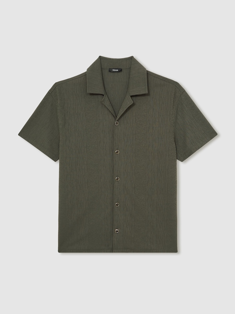 Reiss Dark Green Ando Jacquard-Stripe Cuban-Collar Shirt - Image 2 of 6 Reiss Dark Green Ando Jacquard-Stripe Cuban-Collar Shirt - Image 2 of 6
