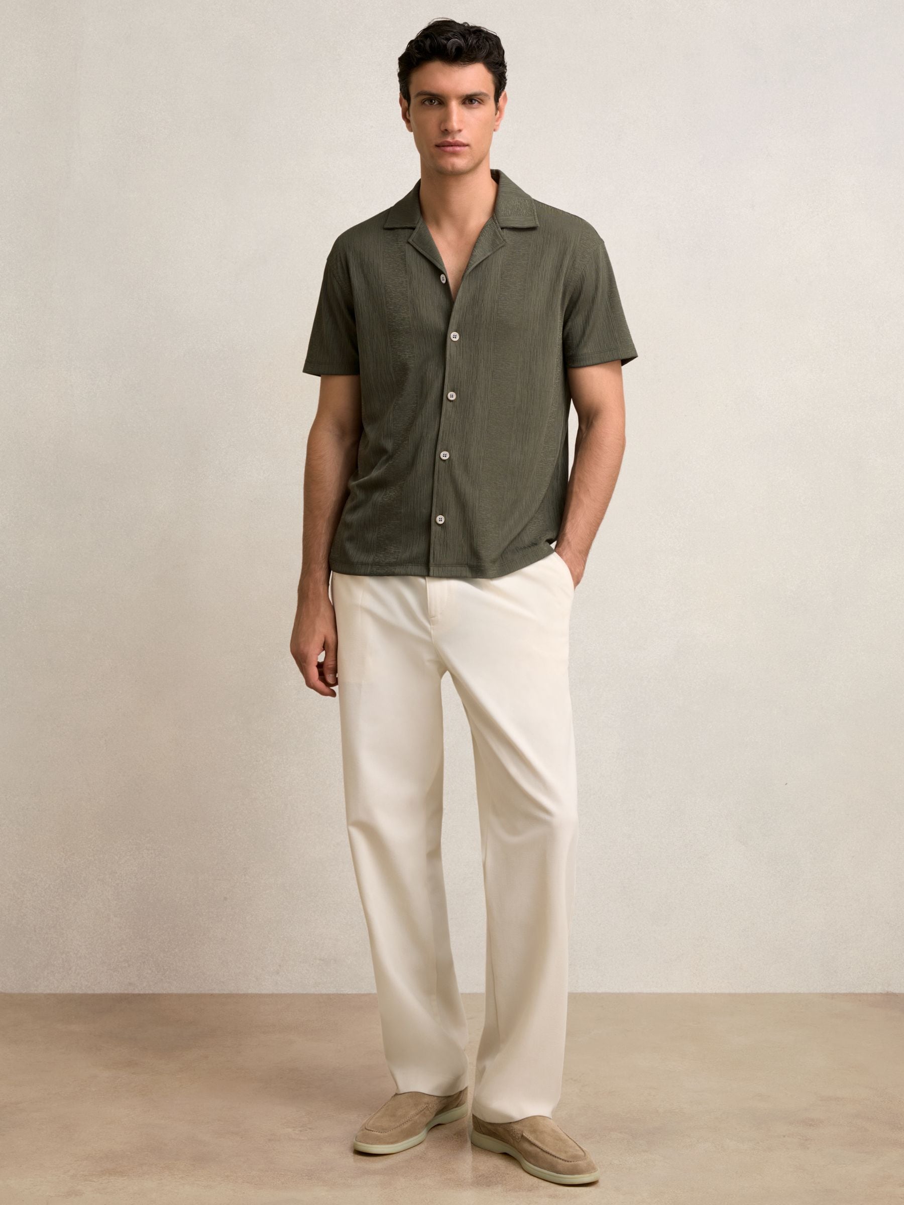 Buy Reiss Dark Green Ando Jacquard-Stripe Cuban-Collar Shirt from