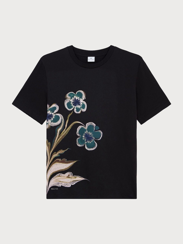 PS Paul Smith Botanical Embroidered Floral Print Jersey Black T-Shirt - Image 1 of 2