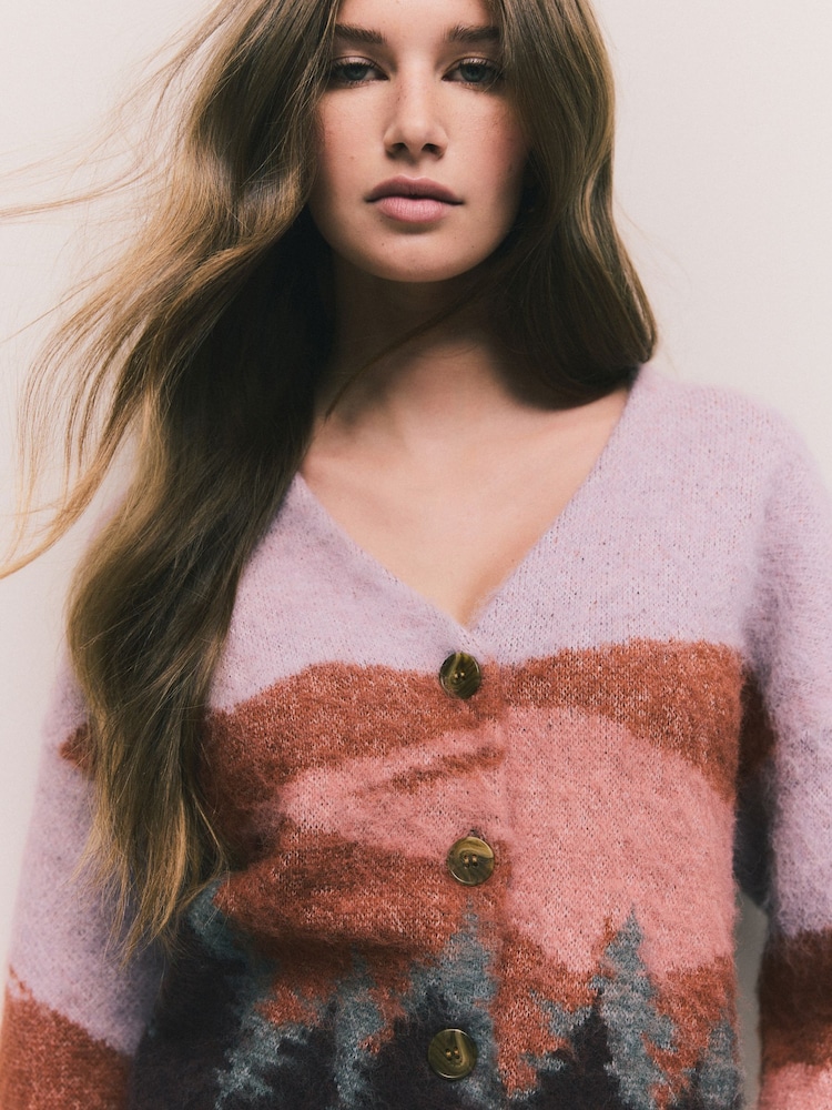 Purple and Orange Mountain Scene Brushed V-Neck Cardigan - Image 1 of 8