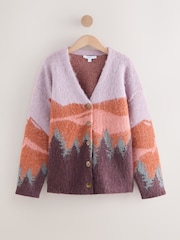 Purple and Orange Mountain Scene Brushed V-Neck Cardigan - Image 6 of 8