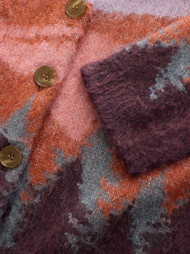 Purple and Orange Mountain Scene Brushed V-Neck Cardigan - Image 8 of 8