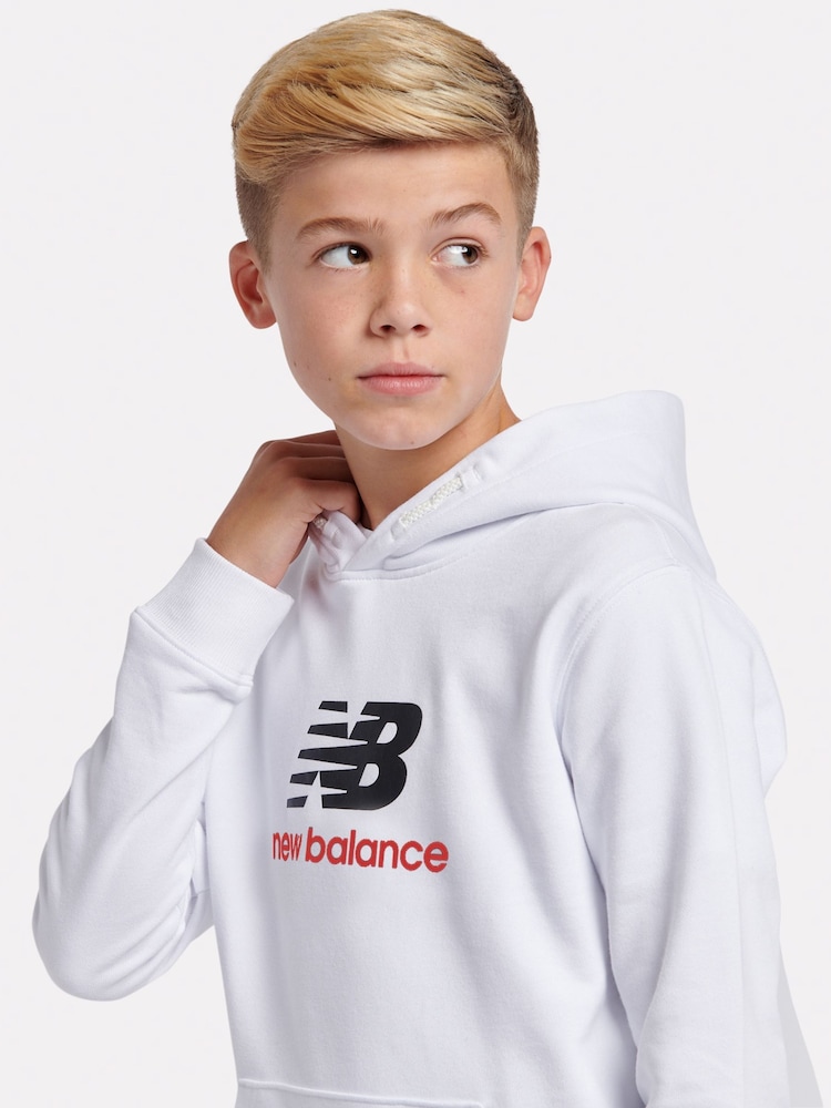 New Balance White Kids French Terry Stacked 100% Cotton Logo Hoodie - Image 4 of 8