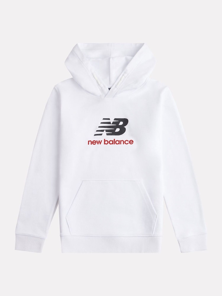 New Balance White Kids French Terry Stacked 100% Cotton Logo Hoodie - Image 6 of 8