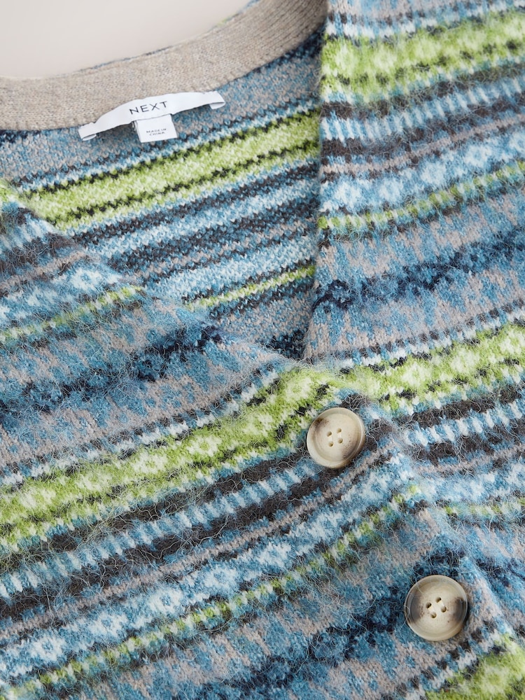 Blue/Green Fairisle Pattern Brushed V-Neck Cardigan - Image 8 of 8 Blue/Green Fairisle Pattern Brushed V-Neck Cardigan - Image 8 of 8