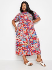 Yours Curve Red Floral Print Midi Smock Dress - Image 1 of 4